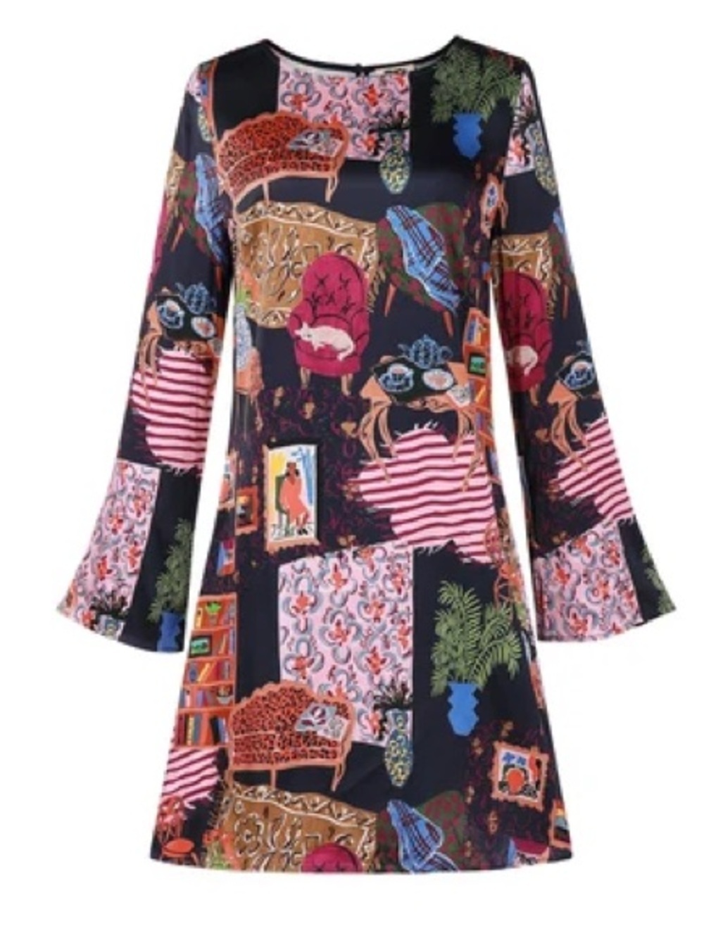 FRNCH Paris Ayurveda Printed Mini Dress Art Gallery Long Sleeve Shift NWT M Boho - Picture 2 of 16